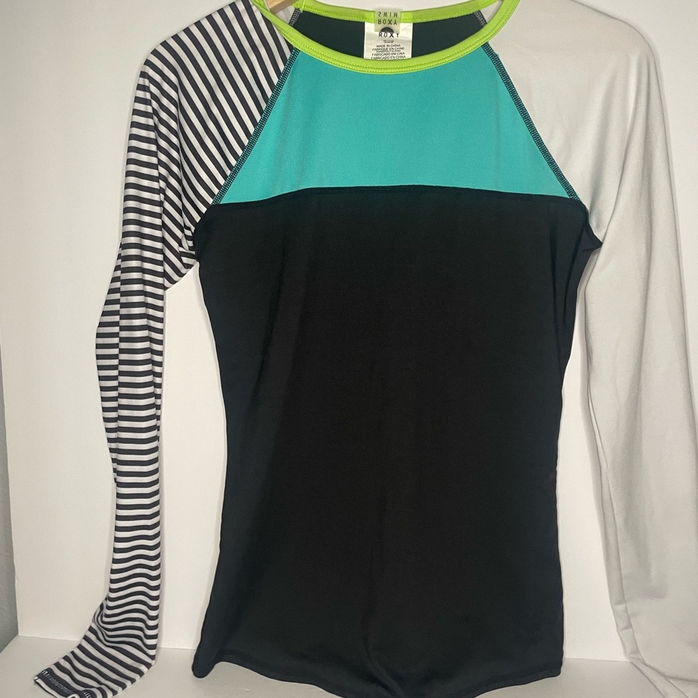 Roxy Colorblock Long Sleeve Rash Guard - Teal, Black, White